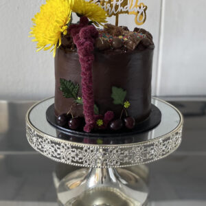 chocolate birthday cake decorated with cherries